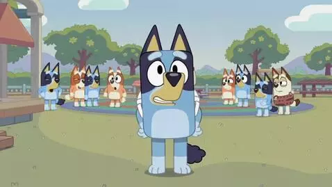 AI Video from prompt: Bluey at school shouts school sucks crowd boo gr