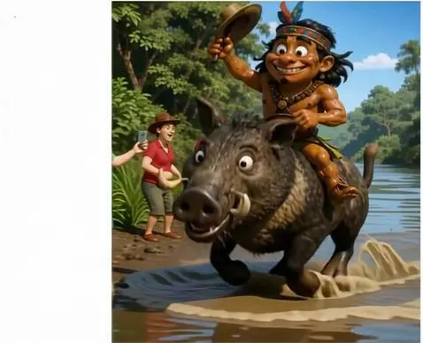 AI Video from prompt: The funny jungle hero confidently rides a giant 