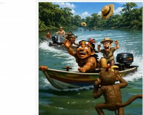 AI Video from prompt: Several tiny Amazon river boats race each other 