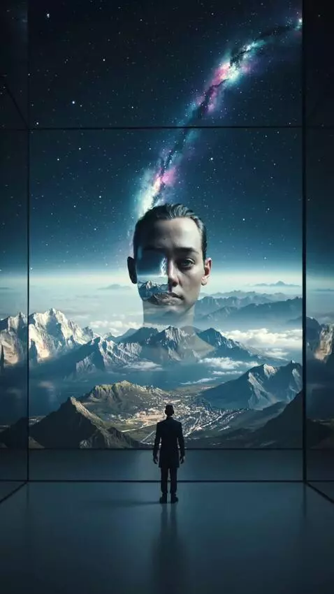 AI Video from prompt: A human figure standing before a gigantic mirror