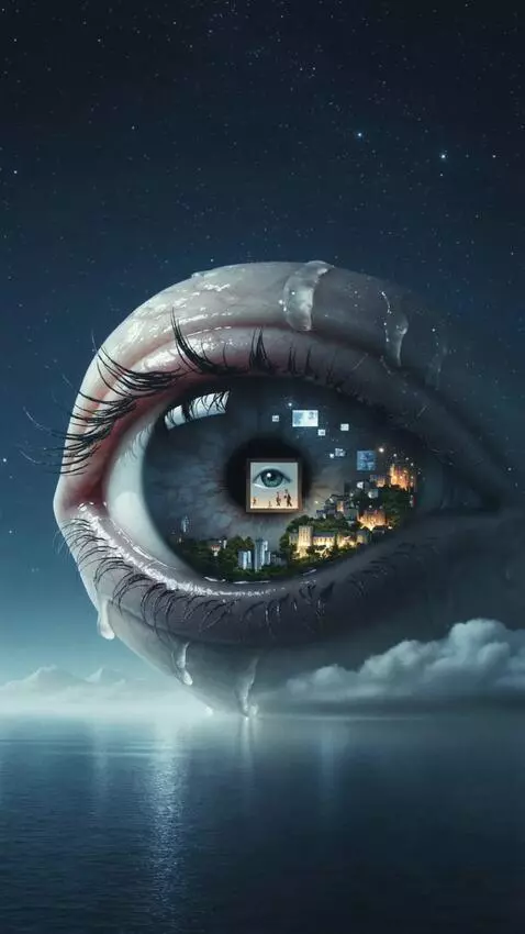 AI Video from prompt: An enormous human eye floating alone above a sil