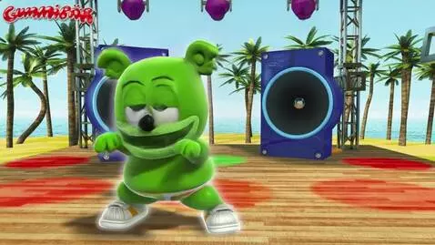AI Video from prompt: a green jelly gummy bear wearing an orange y-fro