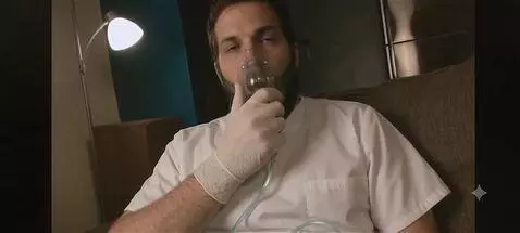 AI Video from prompt: The man is take very big deep breaths into the o