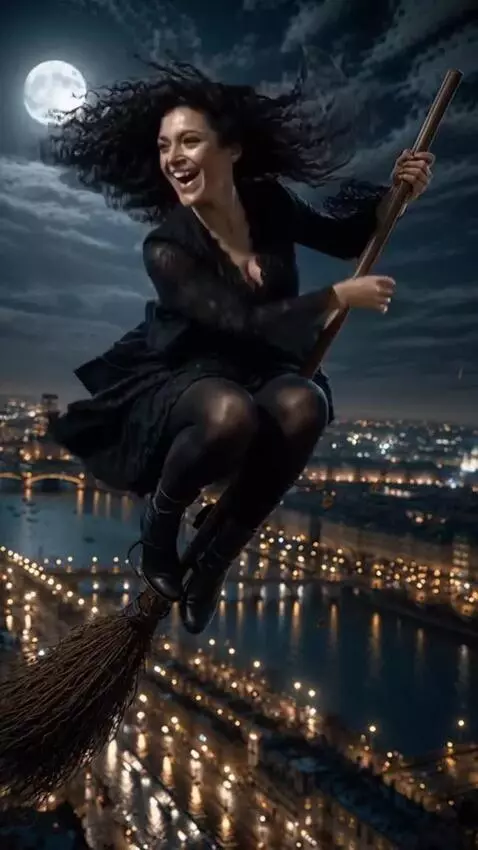 AI Video from prompt: The witch Margarita laughs as she flies over the