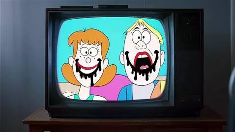 AI Video from prompt: A crt tv video records a crt tv watching a carto