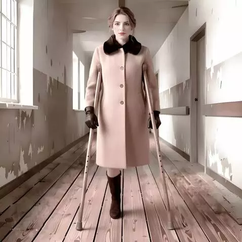 AI Video from prompt: A one-legged woman walks toward the camera acros