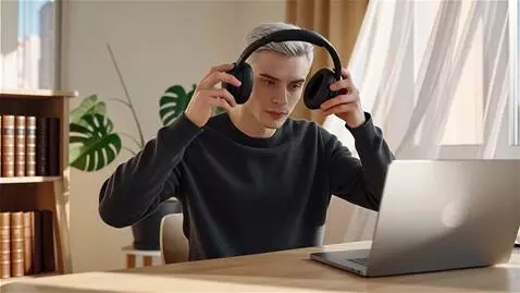 AI Video from prompt: a man of Slavic appearance puts on headphones, p
