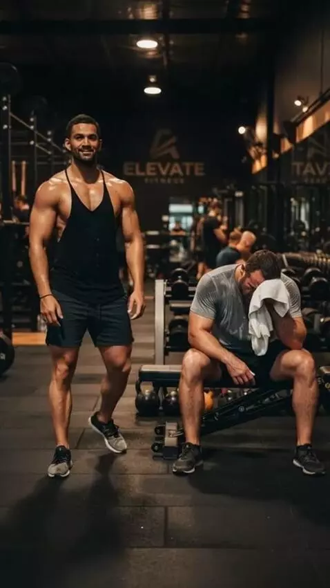AI Video from prompt: Muscular Indian man enters a dark premium gym, c