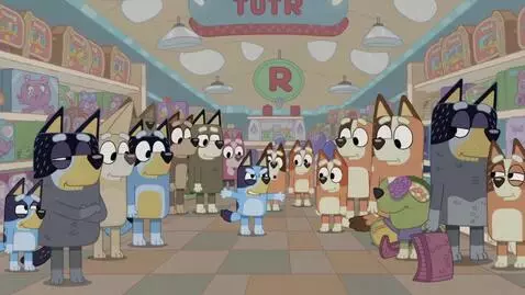 AI Video from prompt: Bluey At Toysrus Shouts Toysrus Sucks Crowd Boo 