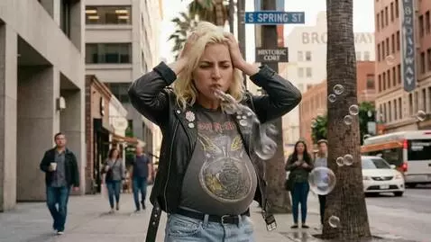 AI Video from prompt: A blonde woman is standing in the street hiccupi