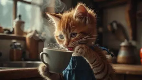 AI Video from prompt: a cute ginger kitten enjoying a hot mug of coffe