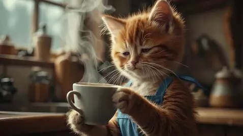 AI Video from prompt: a cute ginger kitten having enjoying a hot mug o
