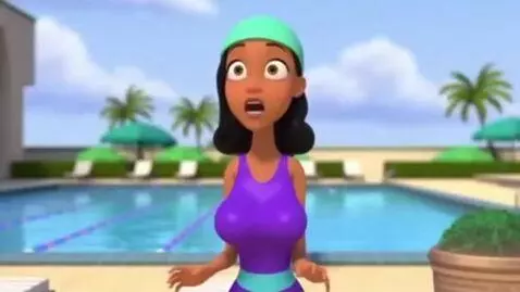 AI Video from prompt: A girl standing at a pool. Her chest starts swel