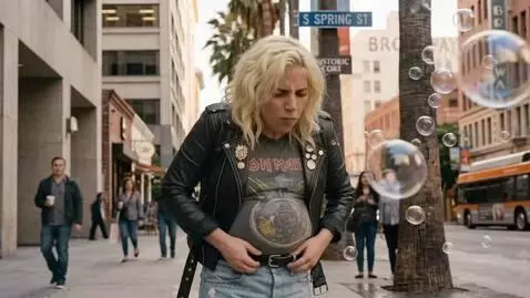 AI Video from prompt: A blonde woman is standing in the street hiccupi