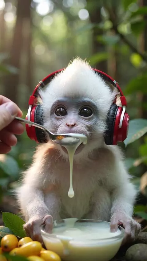 AI Video from prompt: A pure white baby monkey with ultra-soft fluffy 