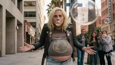 AI Video from prompt: A blonde woman is standing in the street hiccupi