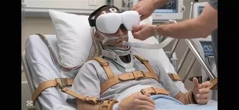 AI Video from prompt: Have a doctor put a white eye mask over the pati