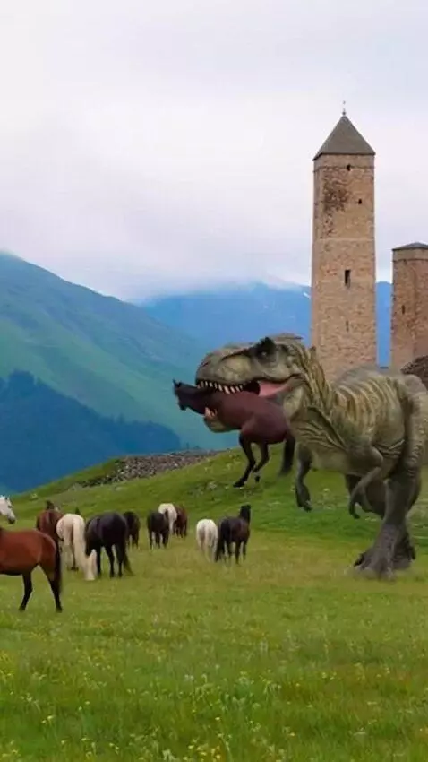 AI Video from prompt: The Ingushetia tower complex, where a dinosaur w