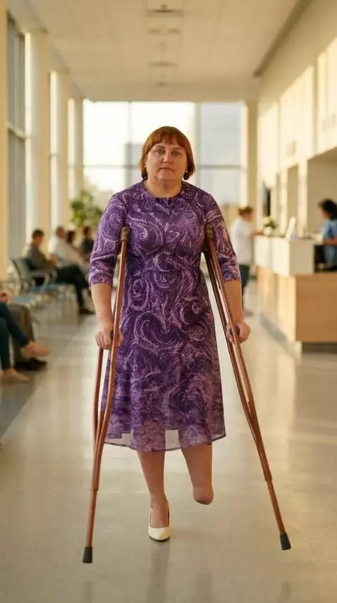 AI Video from prompt: A  woman having footless left leg walks slowly a