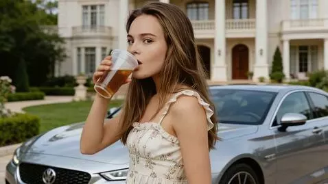 AI Video from prompt: the girl takes a sip from the cup and shows it t