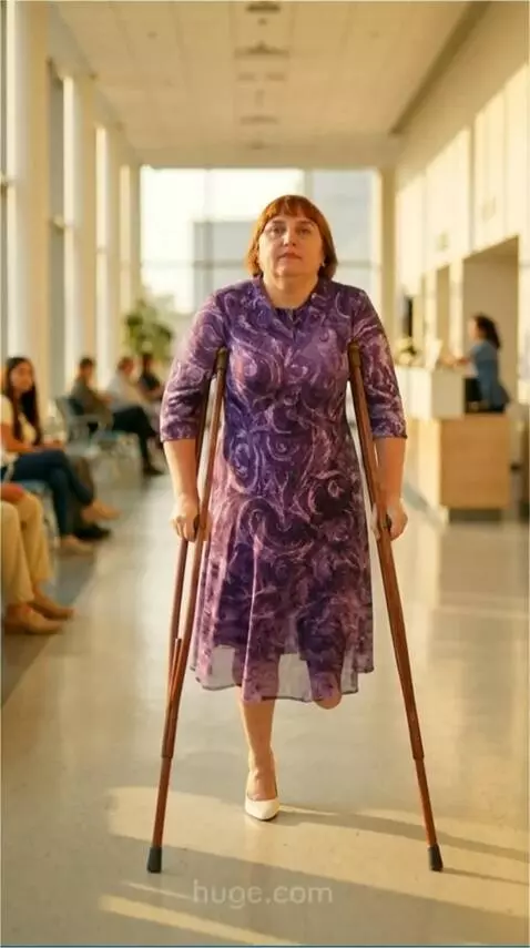 AI Video from prompt: A woman having footless left leg walks slowly al