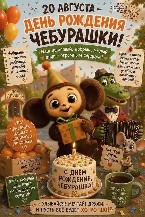 AI Video from prompt: Cheburashka sings and dances with a gift, while 
