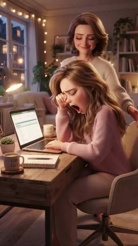 AI Video from prompt: night time, A young girl is working from home at