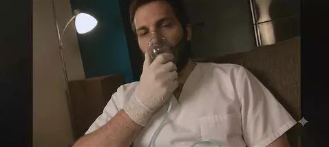 AI Video from prompt: He breaths heavily into the mask trying to catch