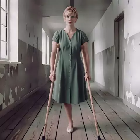 AI Video from prompt: A one-legged woman walks with short steps on cru