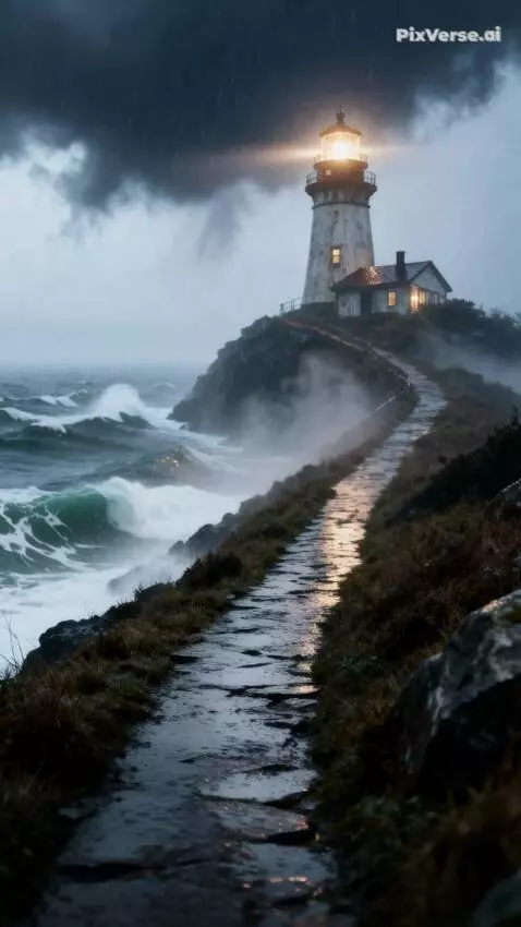 AI Video from prompt: The waves are raging, it’s raining. The light co