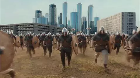 AI Video from prompt: Medieval army is running towards the modern-day 