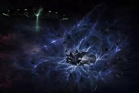 AI Video from prompt: Alien ship uses gravity bomb on the USS Enterpri