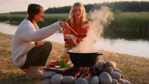 AI Video from prompt: Two girls with model‑like features are cooking c
