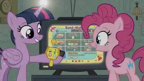 AI Video from prompt: Pinkie Pie and Twilight Sparkle with a joystick 