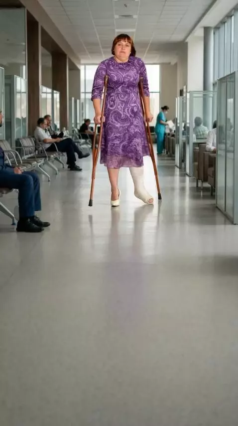 AI Video from prompt: A  woman with broken left leg walks slowly towar