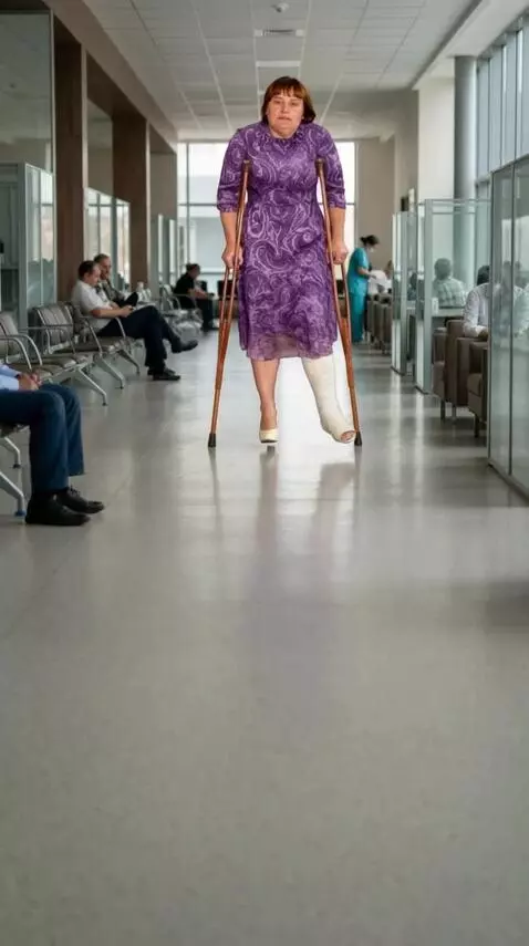 AI Video from prompt: A woman with the broken left leg walks slowly to
