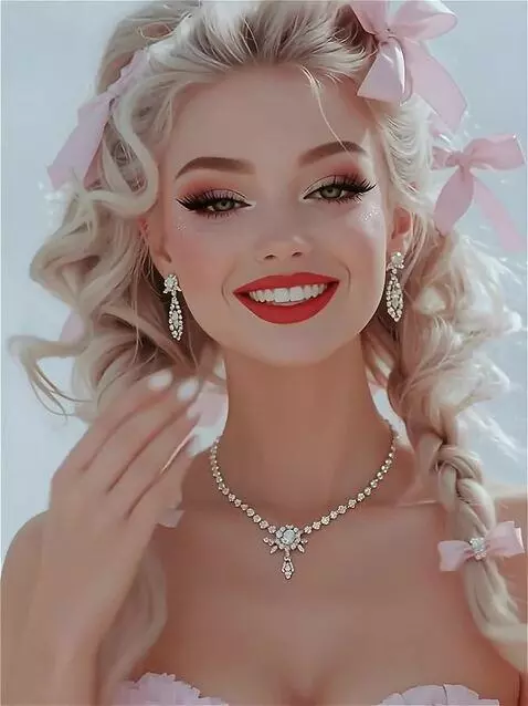 AI Video from prompt: She adjusts her necklace, smiles, blows a kiss, 