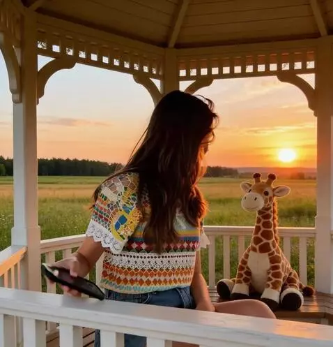 AI Video from prompt: a plush giraffe spits up from the bench and walk