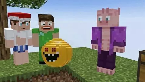 AI Video from prompt: Make the yellow ball eat three Minecraft charact