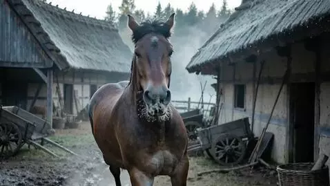 AI Video from prompt: 19th‑century courtyard of a European rural peasa