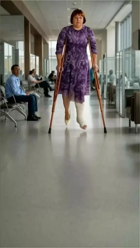 AI Video from prompt: A woman with the broken left leg walks slowly to