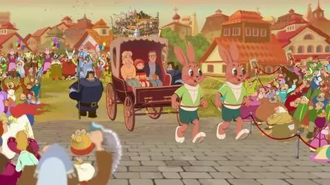 AI Video from prompt: Rabbit Two Pulling Carriage Cheers Applause Ball