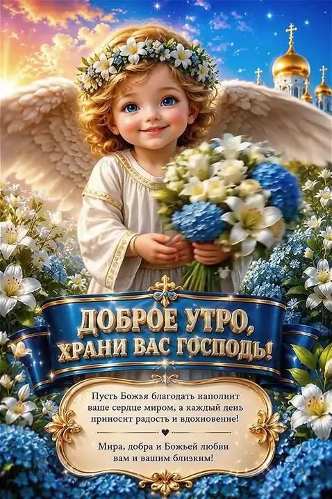 AI Video from prompt: The Angel smiles, flaps its wings and holds out 