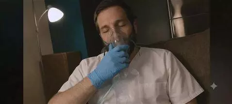 AI Video from prompt: He takes long pleasurable breaths into the oxyge