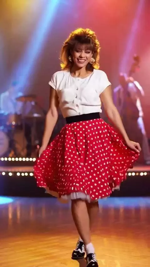 AI Video from prompt: Sandra lifts her short dress on stage and dances
