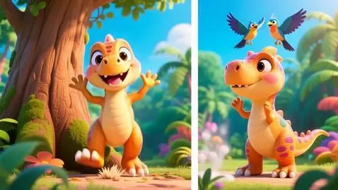 AI Video from prompt: Scene 1 (0–5 seconds)  Lyrics: "Here comes Dino,