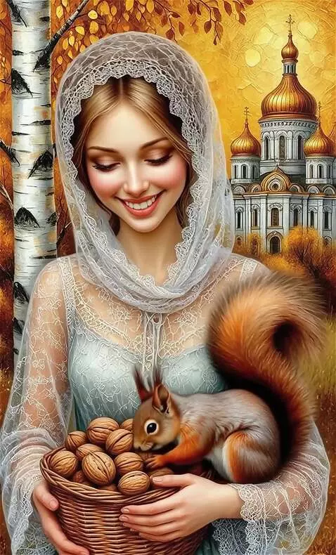 AI Video from prompt: She smiles and lowers her eyes ,while the squirr