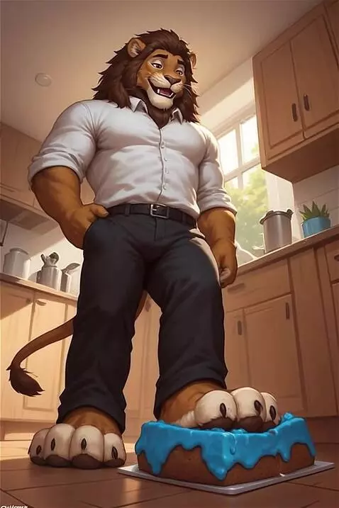 AI Video from prompt: Anthrofurry brown lion dad standing in the kitch