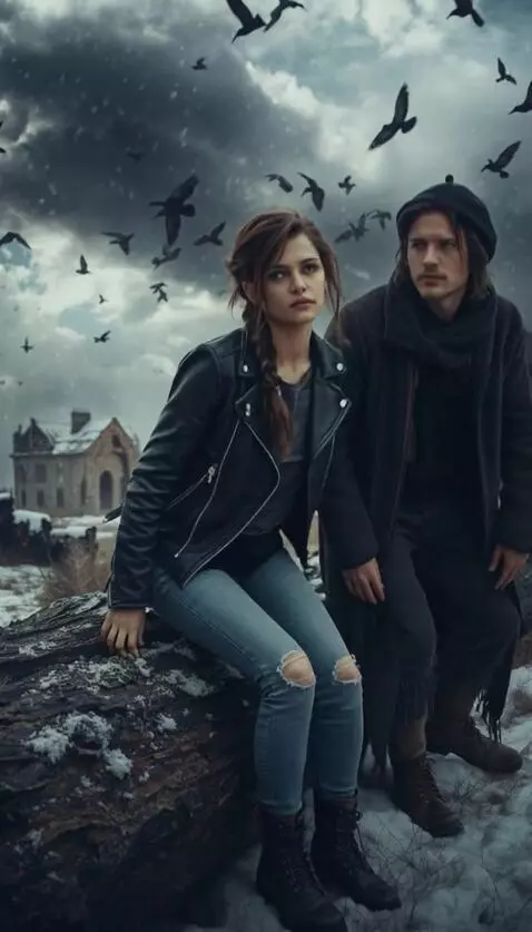 AI Video from prompt: The wind carries a dusting of snow. Crows fly in