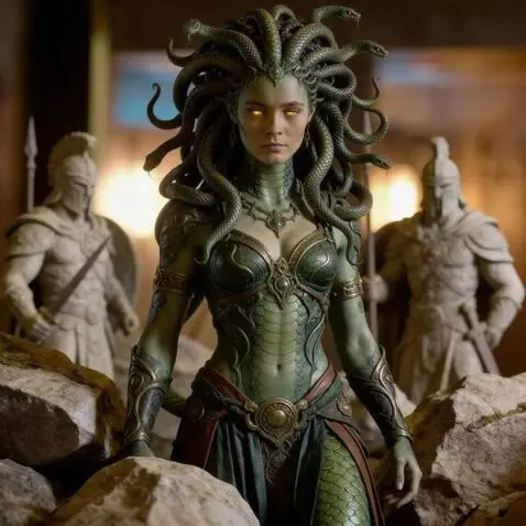 AI Video from prompt: the Gorgon Medusa walks toward the camera, sligh
